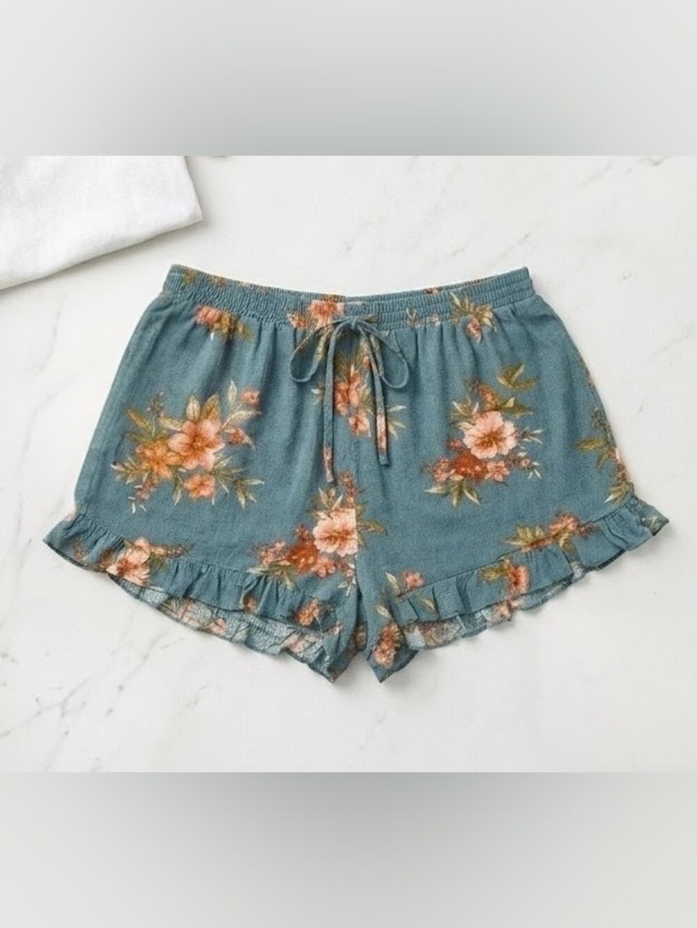 American Eagle Outfitters Teal Floral High-Waist Ruffle Shorts